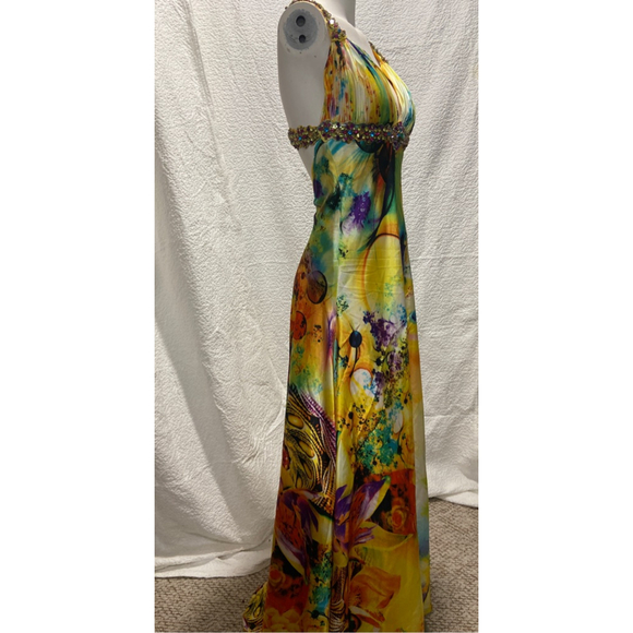 Vibrant multicolor Beaded floral gown V-neck empire waist, size XS - Picture 7 of 12